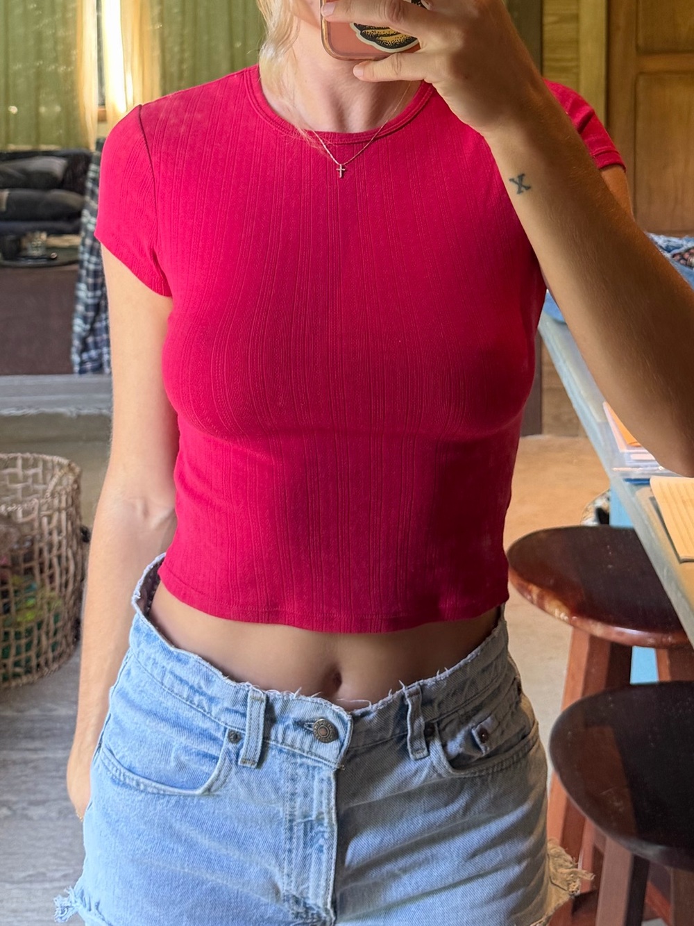 Free People pointelle Crop Tee in Bright Red